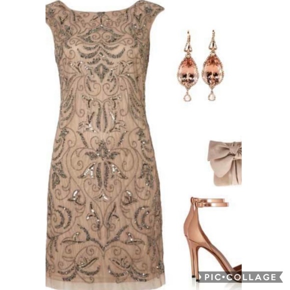 Adrianna Papell beaded nude mesh sheath dress - Picture 3 of 10